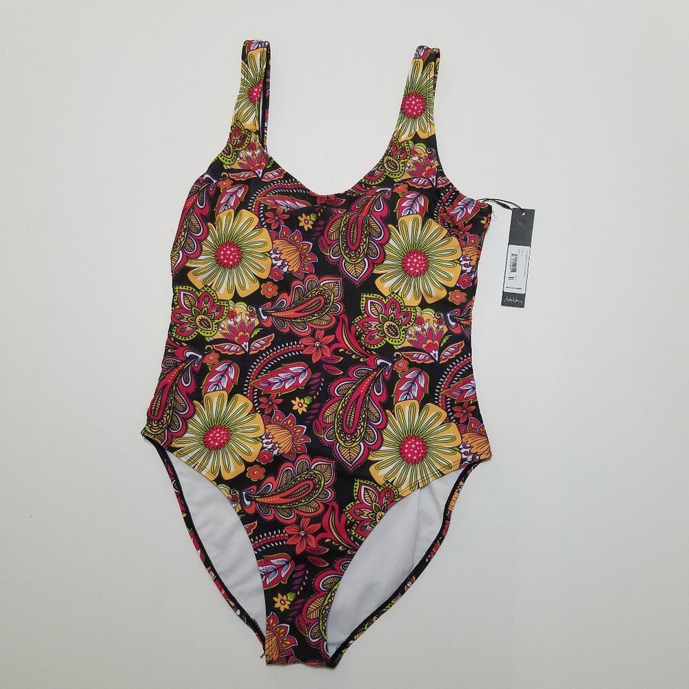 NWT Nicole Miller One Piece Swimsuit with Scoop Back Floral Paisley Size XL